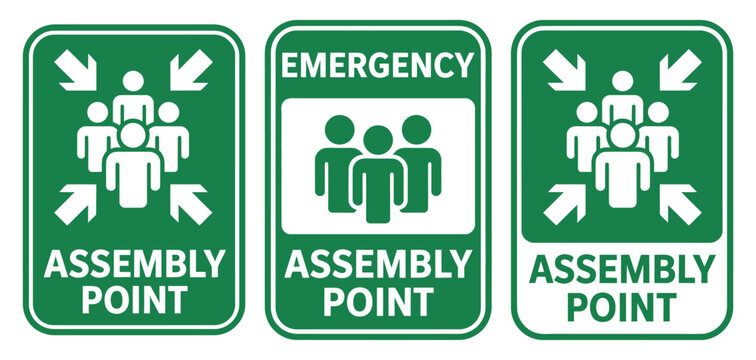 Assembly Point Sign Emergency Gathering Area Symbol Printable Safety Poster Vector Illustration Template for Workplace Evacuation Plans