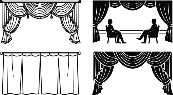 Curtain and theater stage vector icon set featuring luxury drapery window lambrequins and interviewing silhouette scene isolated on white background