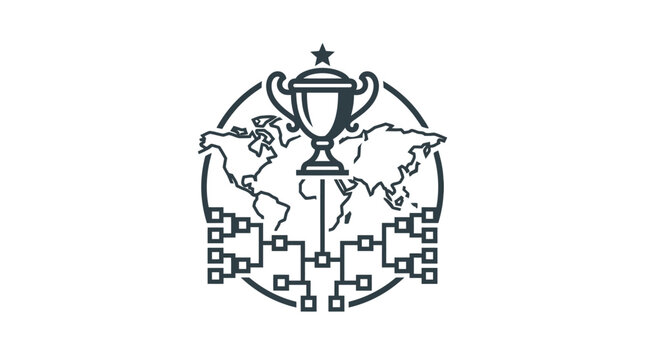 A minimalist black and white icon featuring a trophy over a world map and tournament bracket.