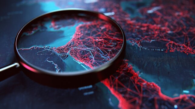 Magnifying glass reveals a network of interconnected data points and lines on a digital map. ..Created with Generative AI, not depicting real subjects.