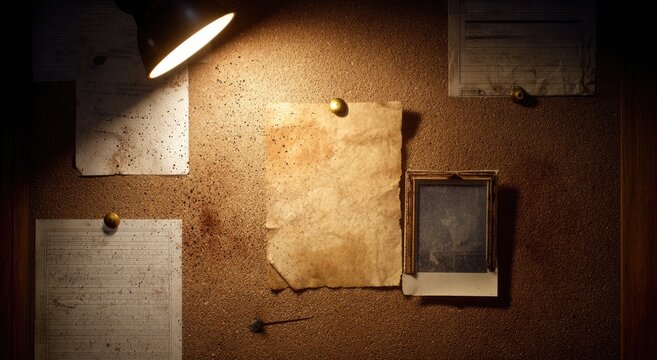 A dark, vintage corkboard displays old documents, a photo, and a lamp