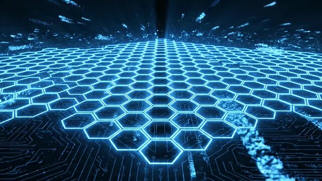 Abstract blue glowing hexagonal grid surface with circuit traces.
