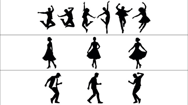 Dancing People Silhouettes Collection with Jumping Dancers and Fashion Pose FiguresDancing People Silhouettes Collection with Jumping Dancers and Fashion Pose Figures