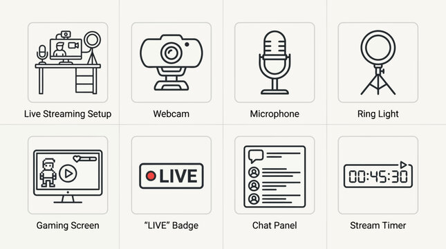 Live streaming equipment icons with webcam microphone ring light and gaming screen panels.