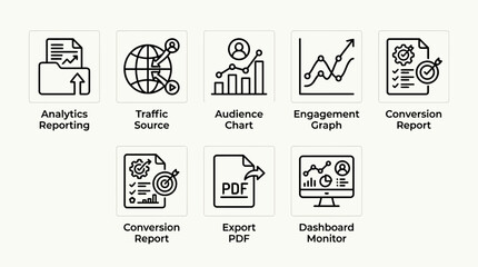 Fototapeta premium Social media analytics icons reporting traffic source audience chart engagement graph conversion report export.