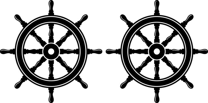 Classic ship steering wheel pair illustration with nautical