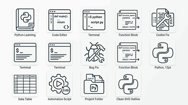 Python programming development icons set for software coding and automated script tasks.