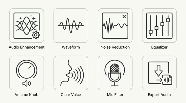 Audio processing and sound engineering icons set with waveform equalizer and mic filter.