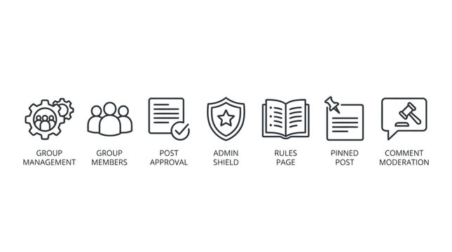 Social media management icons set group control tools for business and online community moderation features.