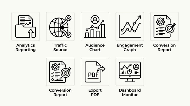 Social media analytics icons reporting traffic source audience chart engagement graph conversion report export.