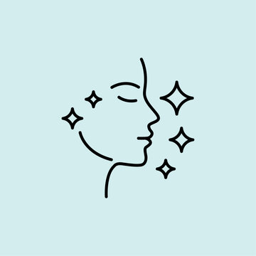 A beautiful line icon featuring a clean face profile accented with sparkles and stars, indicating skin brightening, radiance, and instant glow.