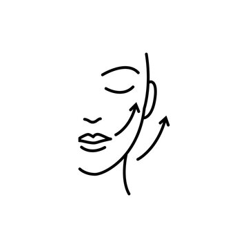 A minimalist line art icon of a woman's face profile with upward arrows, symbolizing skin lifting and wrinkle reduction. Ideal for anti-aging creams and clinical treatments.