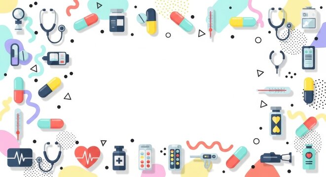 Medical background with stethoscope pill thermometer and laboratory tools in flat layout.