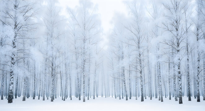 Snow-covered birch trees in a foggy winter forest