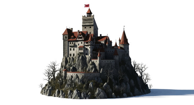Dramatic ancient castle on a rugged cliff, a majestic medieval fortress with gothic architecture and red roofs, embodying timeless old-world charm and historical grandeur