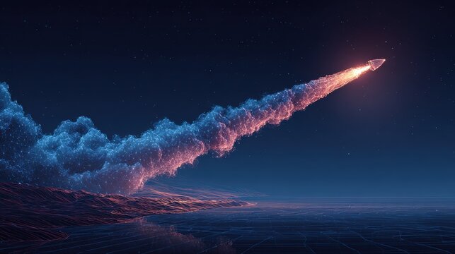 A rocket ship blasts off into the night sky, leaving a trail of luminous smoke and fire against the backdrop of stars and clouds. ..Created with Generative AI, not depicting real subjects.