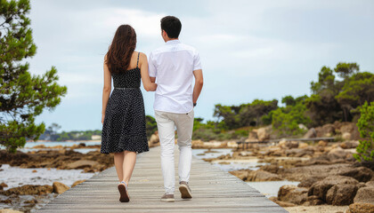 Fototapeta premium Couple Walking on Wooden Pier Toward the Sea Coast Back View Travel and Summer Vacation Scene