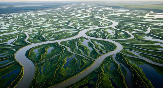 Aerial view of winding river network through green wetlands and marshes