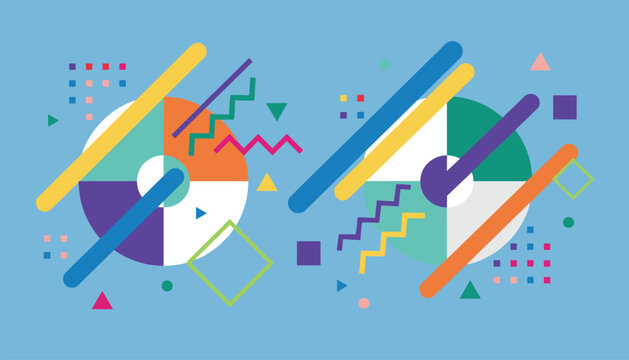 Colorful abstract geometric composition in Memphis style with various shapes on a bright blue background.