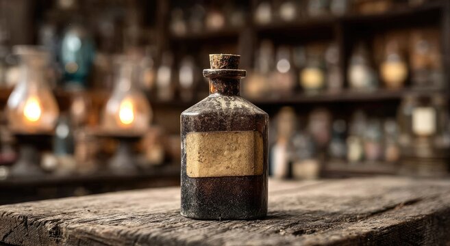 Aged dark glass bottle with cork stopper and blank label on rustic wood