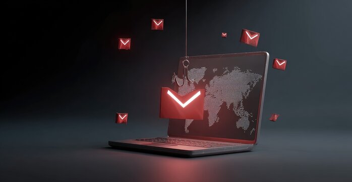 Red glowing email icons on a fishing hook dangle over a laptop