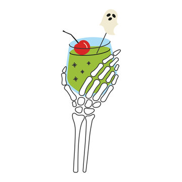 Skeleton hand holding spooky cocktail with ghost garnish, flat cartoon Halloween icon with green drink, cherry and straw. Horror party and trick or treat vector illustration