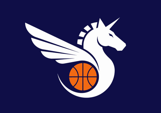 Winged unicorn mascot logo with basketball on blue background