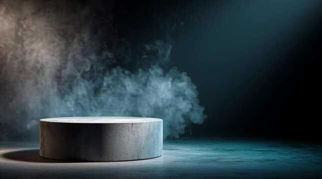 Empty stone pedestal on dark background with swirling blue smoke atmosphere platform podium blank stage