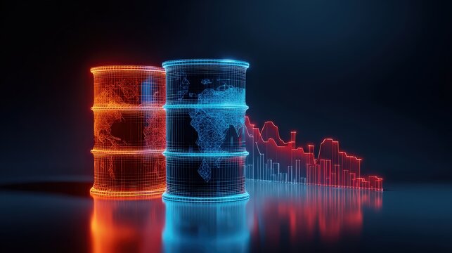 Two glowing, futuristic oil drums, one orange and one blue, stand before a stark, red graph depicting a downward trend. ..Created with Generative AI, not depicting real subjects.