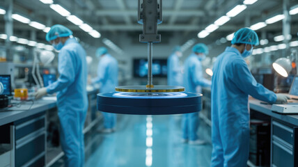 Obraz premium Precision manufacturing robotic arm assembling components in a sterile high tech laboratory facility with scientists at work
