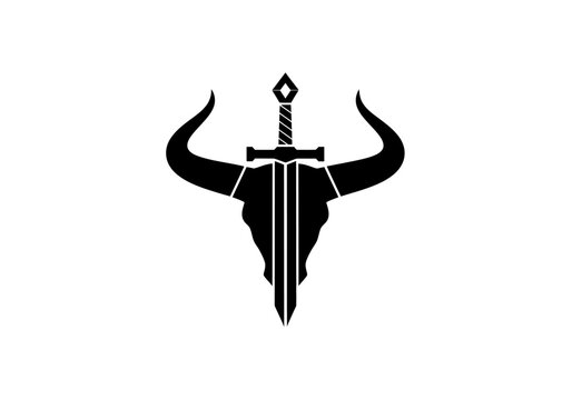 Black bull skull silhouette with sword on white background