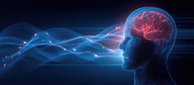 Digital mind with glowing waves interacting with a detailed brain