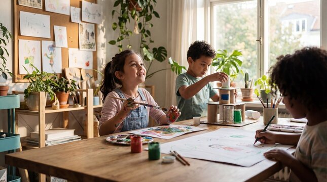 Diverse group of happy children enjoying a creative arts and crafts session at a wooden table.