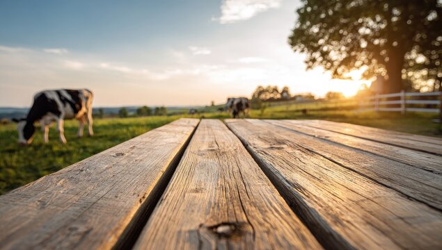 Golden hour sun illuminates wooden table with cows grazing on a farm