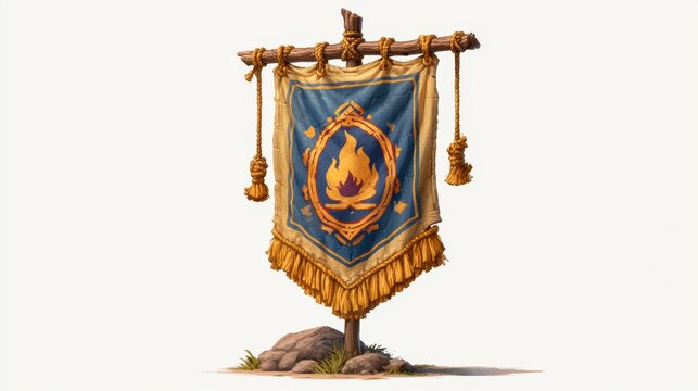 A decorative banner with a blue background and golden fringe, featuring a fiery emblem, hangs from a wooden pole standing on rocky ground.