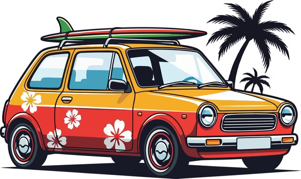 Tropical Surf Classic Compact Car Vector Illustration Front 3/4 View