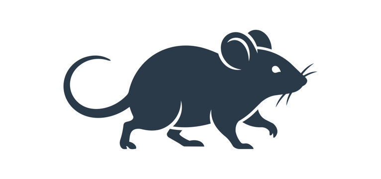 Silhouette of a dark blue mouse walking isolated on white background.
