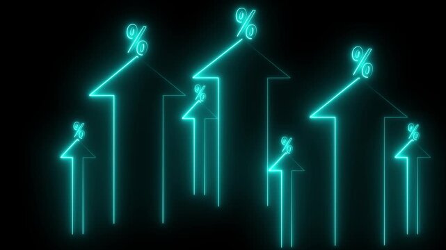 Interest rate increase concept. Businessman use a Neon up arrow with percentage symbols and upward arrows, symbolizing rising interest rates. financial growth, dividend yield, income,