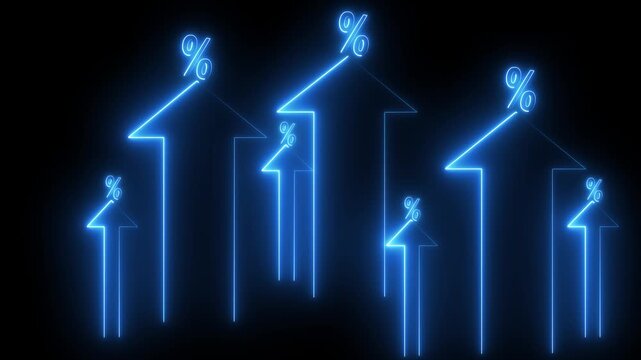 Interest rate increase concept. Businessman use a Neon up arrow with percentage symbols and upward arrows, symbolizing rising interest rates. financial growth, dividend yield, income,
