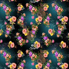Obraz premium Floral Seamless Pattern with Golden Accent Flowers, Modern Botanical Background for Fabric, Wallpaper and Textile Design
