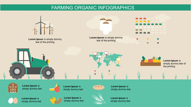Farming organic infographics with tractor and world map, sustainable agriculture data chart options with fresh crops vegetables fruits and barn presentation slide flat vector illustration