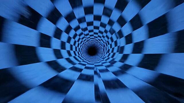 Blue and black checkered tunnel background with perspective.