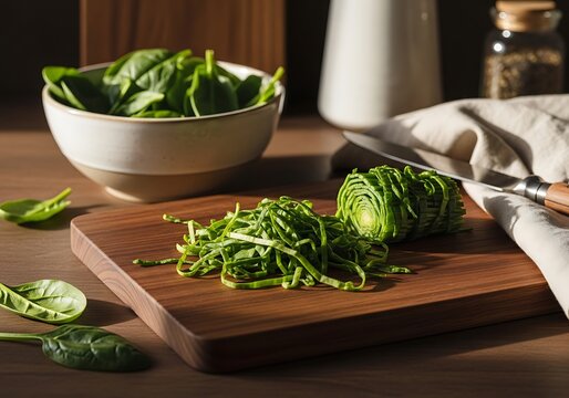 Chiffonade of fresh spinach leaves on a wooden cutting board with a sharp chef knife and a bowl of whole greens in a warm kitchen setting.