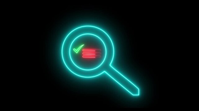 Neon search icon animation. outline neon magnifying glass icon .Glowing neon magnifying Glass Icon Magnifying glass zoom icon,scanning a list with a check on black background animation 4k video