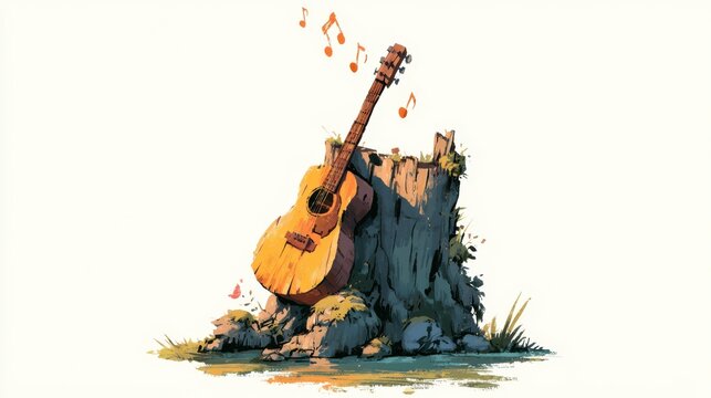 An acoustic guitar rests against a tree stump with musical notes floating above, symbolizing nature and music blending harmoniously.