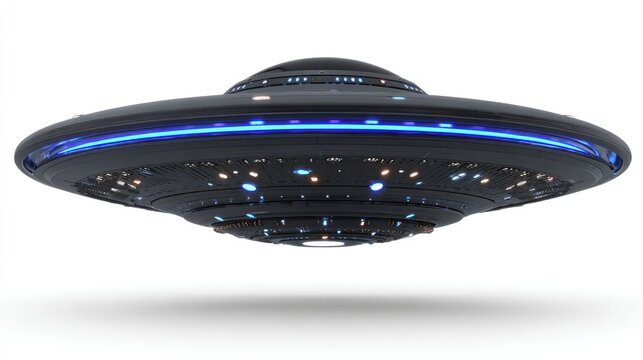 Futuristic disc-shaped craft with glowing blue lights and many small illuminated windows