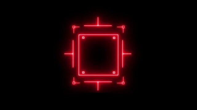 Loop in of formation of square radar display with target in sight in center on a black background Target searching scope and scanning element theme. neon Hud square target futuristic animation