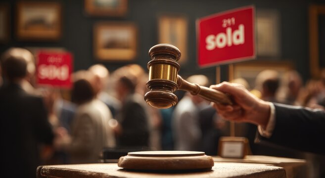 Gavel strikes wood, signifying sale as red signs declare "sold" to crowd