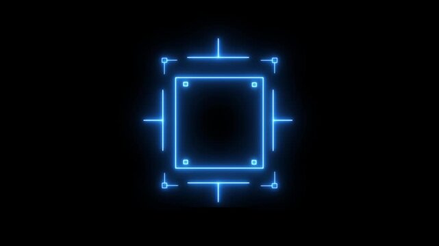 Loop in of formation of square radar display with target in sight in center on a black background Target searching scope and scanning element theme. neon Hud square target futuristic animation