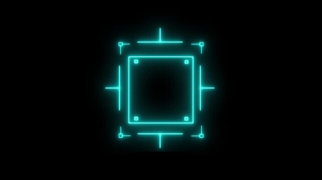 Loop in of formation of square radar display with target in sight in center on a black background Target searching scope and scanning element theme. neon Hud square target futuristic animation